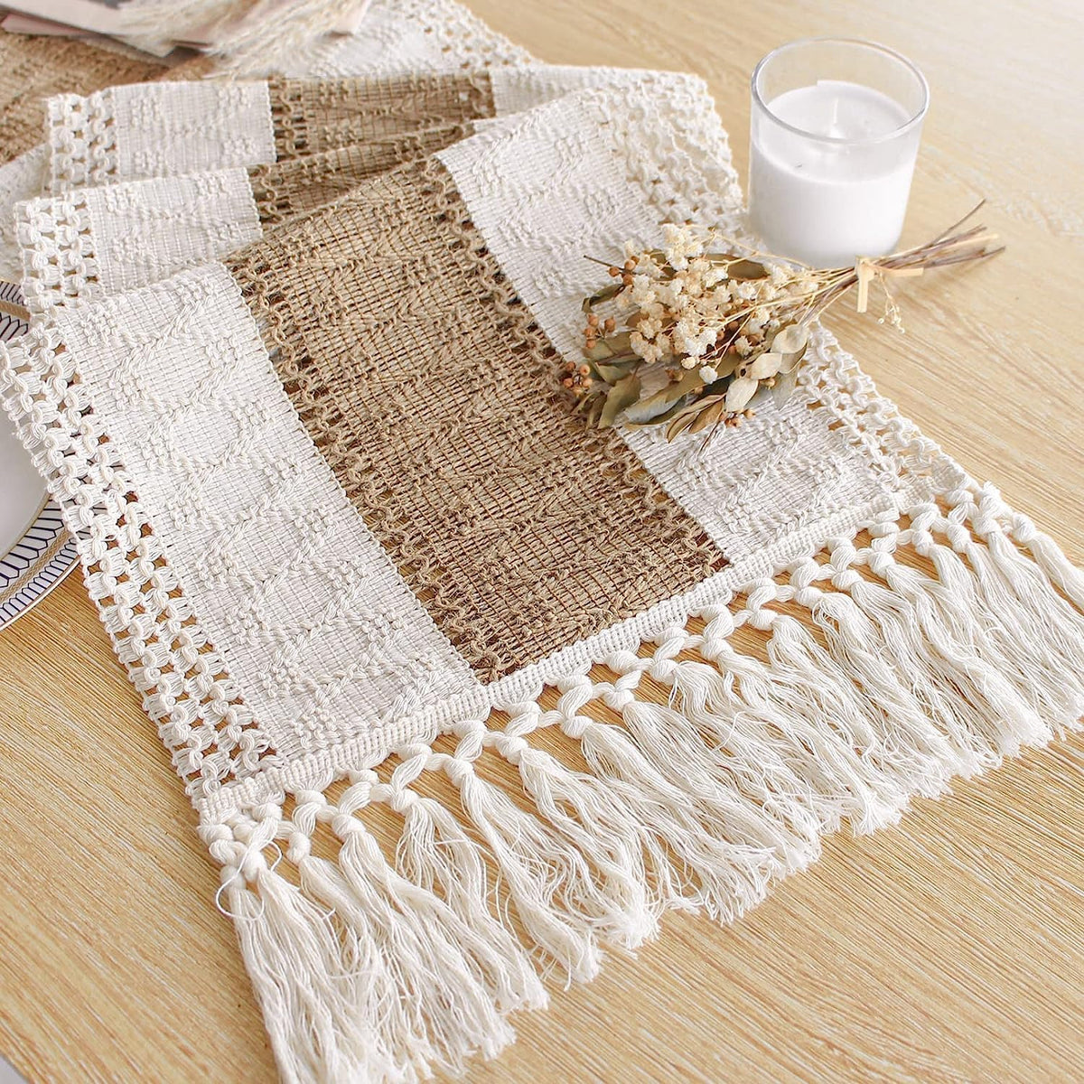 FEXIA boho table runner 48in tassels adds rustic charm to dining.