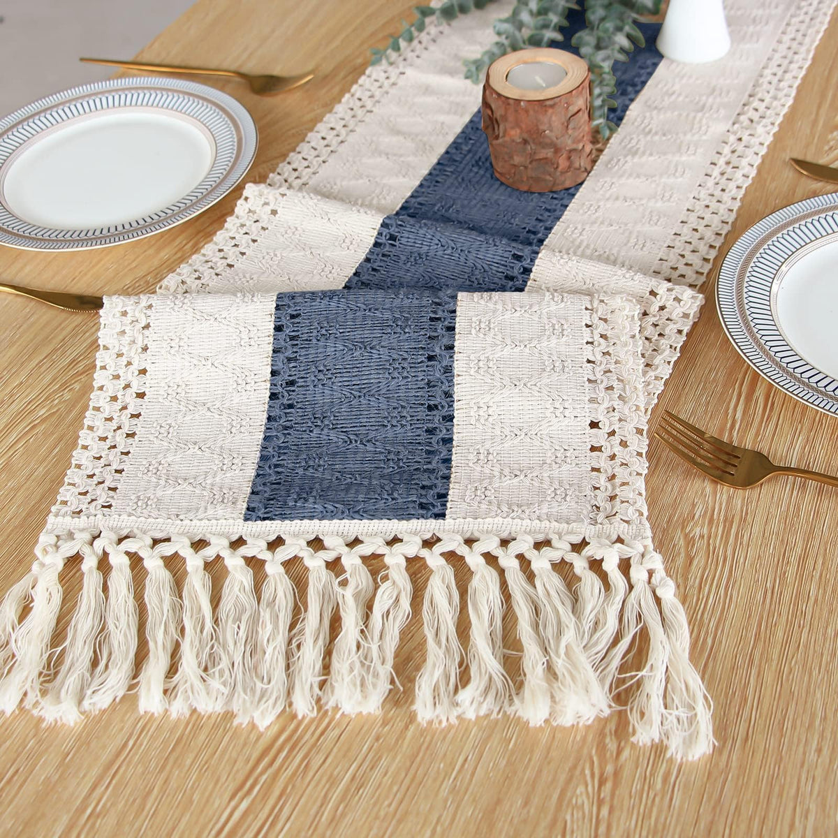 FEXIA boho table runner styled in bedroom decor on a dresser.