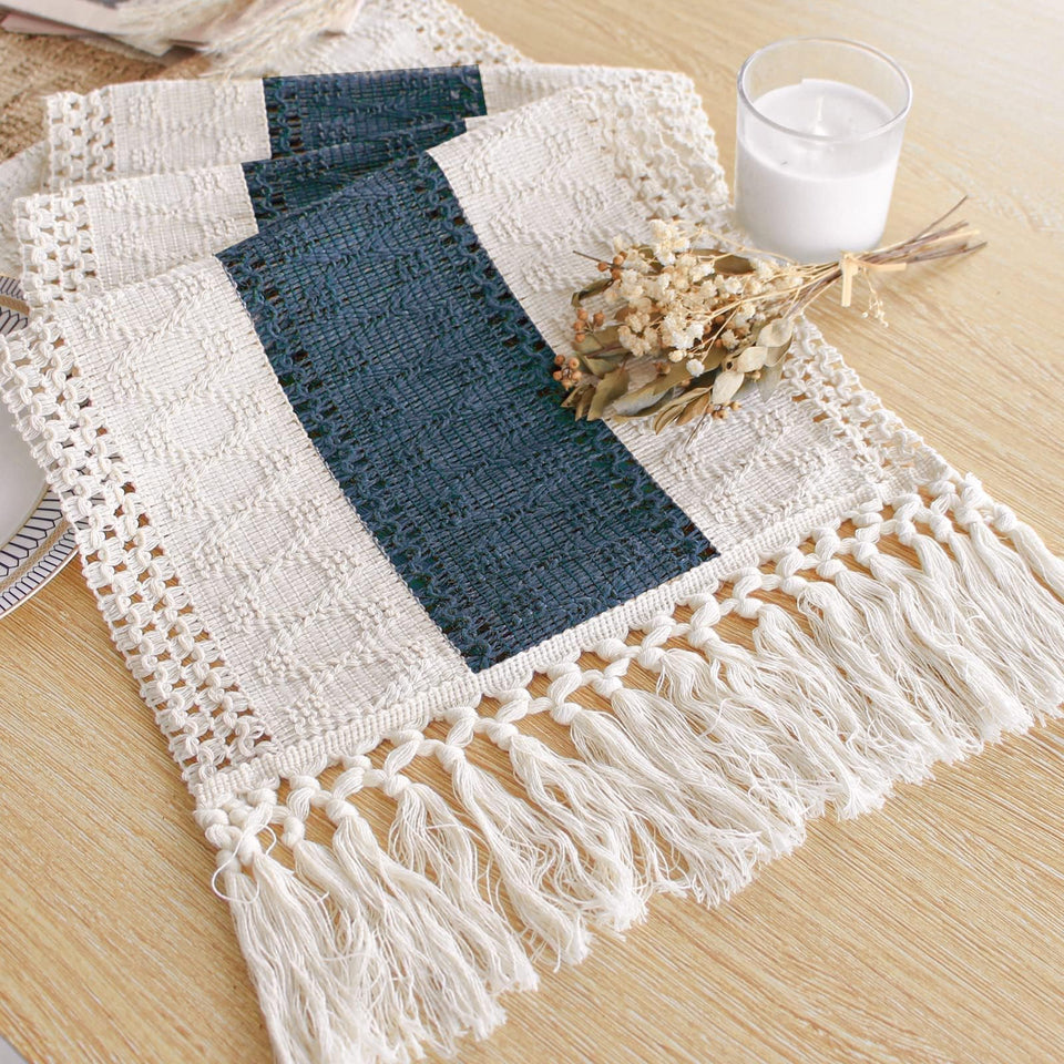 FEXIA boho table runner in cream-blue macrame with tassels for dining decor.