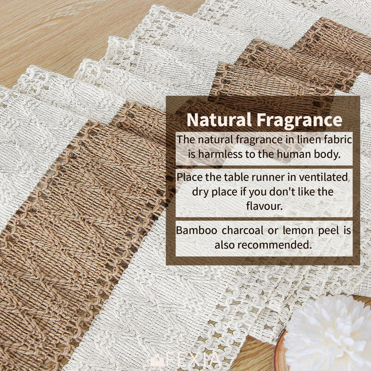 FEXIA boho table runner on dining setup enhances casual dinner ambiance.