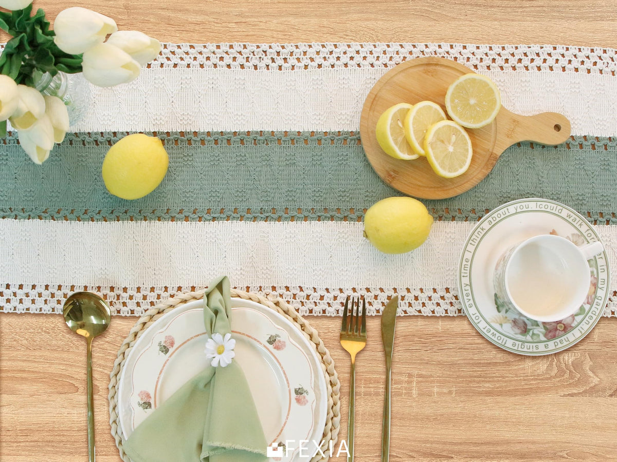 FEXIA bridal shower table decor with macrame for boho charm.