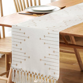 FEXIA macrame runner close-up shows soft cotton-polyester weave.