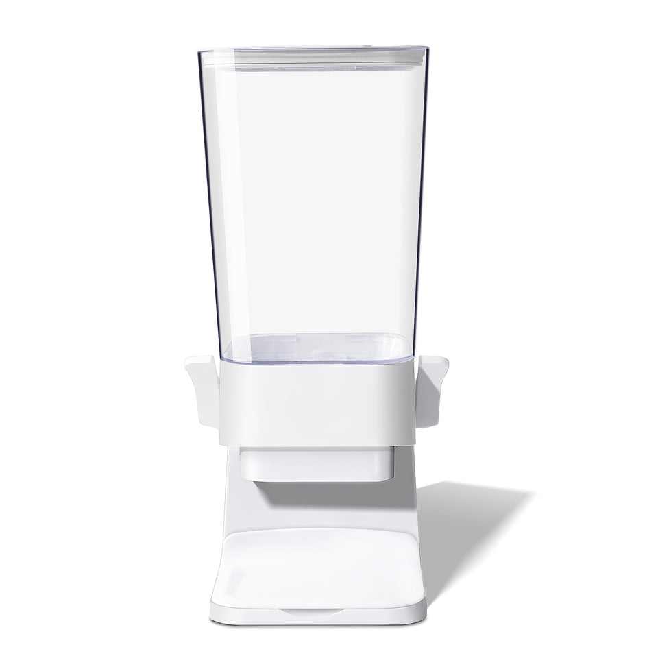 FHJP cereal dispenser front view on a clean white countertop showing sleek white design
