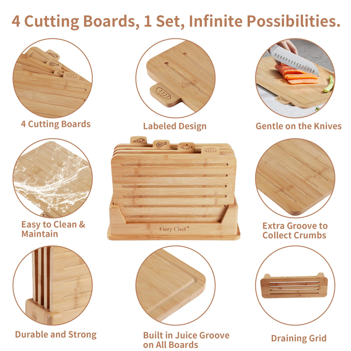 Fiery Chef bamboo board with juice groove catches drips for cleaner prep.