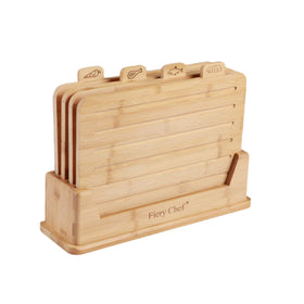 Fiery Chef bamboo cutting board set with holder and labeled icons for organized prep.