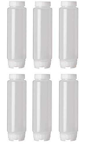 FIFO six-pack 16 oz squeeze bottles with bottom-dispense design for sauce rotation.
