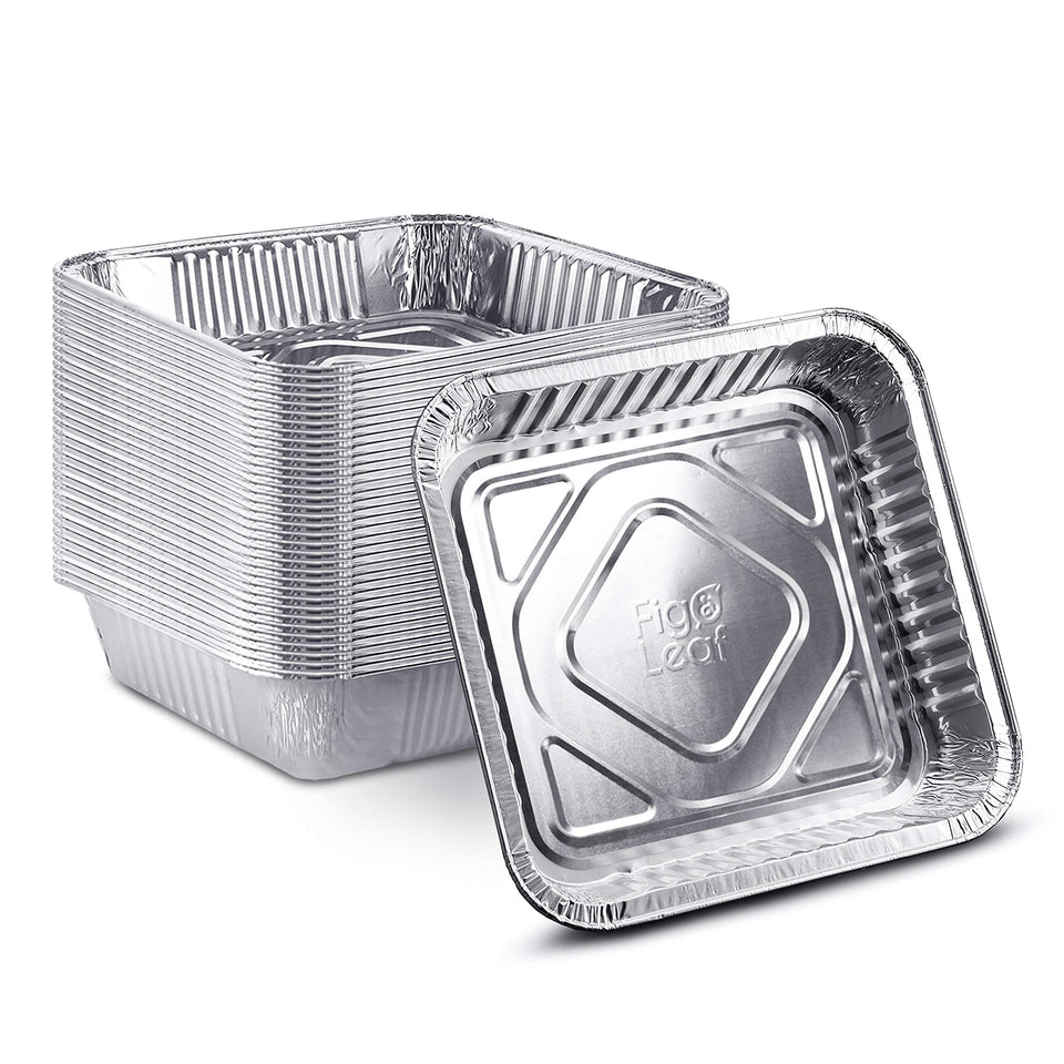 Fig & Leaf square baking pan 8x8 pack shot shows disposable convenience for quick cleanup.