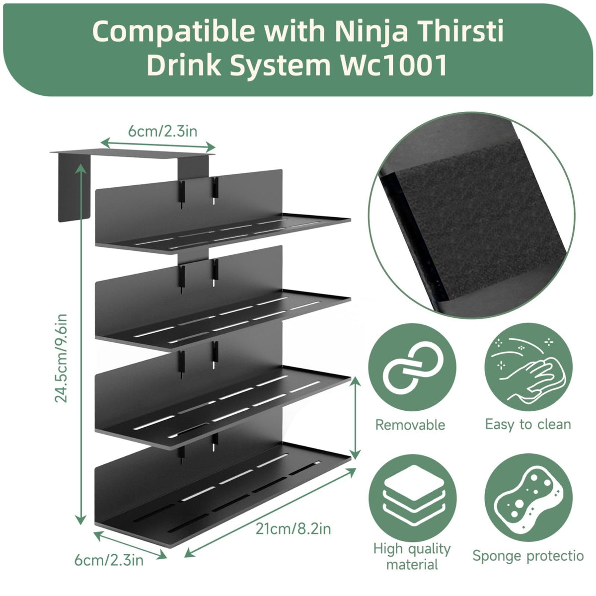 Fijaru 20-capacity rack shown in side view, saving counter space for Ninja Thirsti pods.