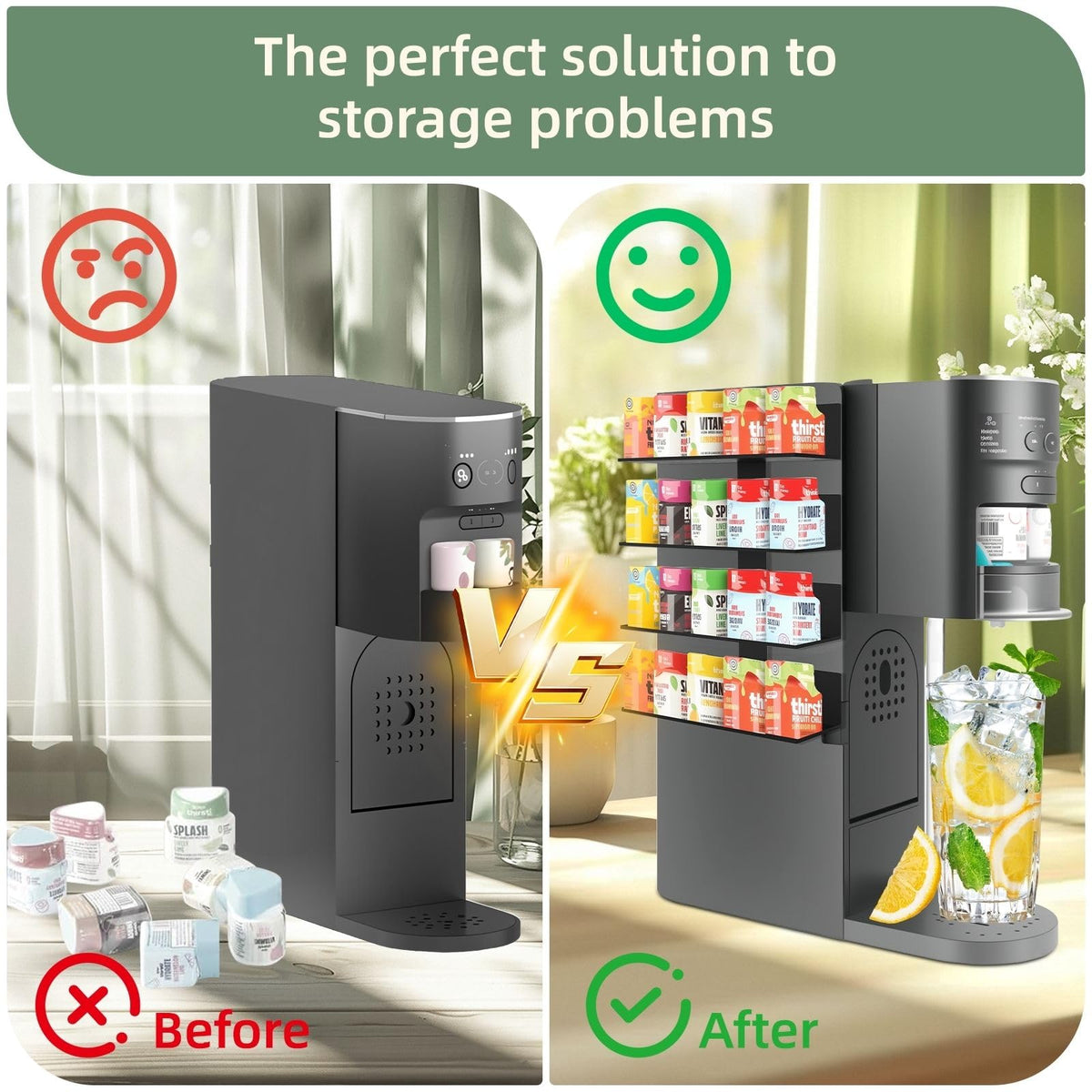 Dust-free pod storage with Fijaru rack protecting flavors and reducing mess.