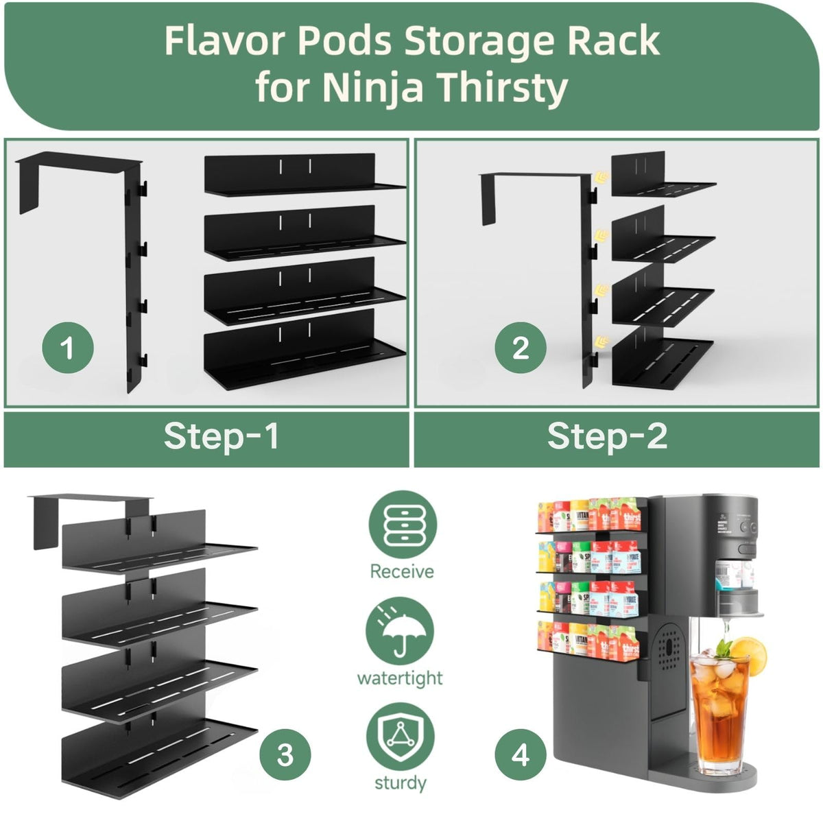 Installation view of the Fijaru rack hanging on the Ninja Thirsti shelf.