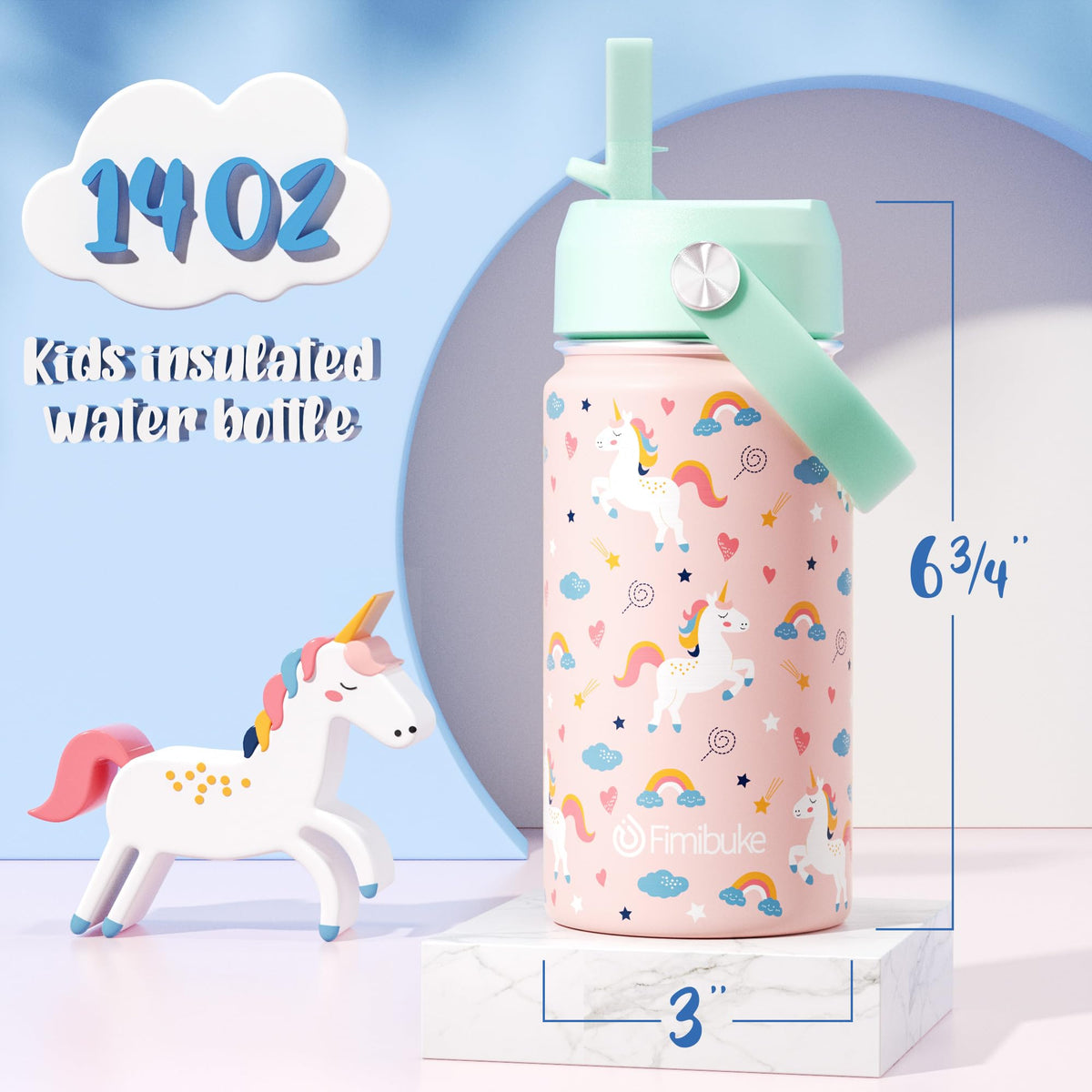 Fimibuke bottle with white dinosaur pattern supports hydration during play