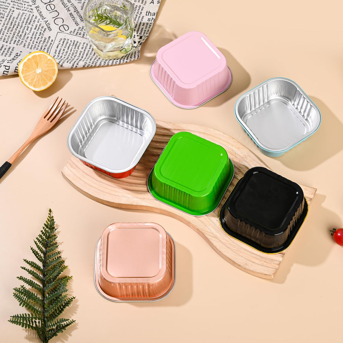 Findful aluminum foil baking cups 4x4 inch suitable for oven or fridge.
