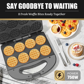 FineMade Mini Waffle Maker showing a batch of 8 waffles ready to serve.