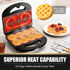 FineMade Mini Waffle Maker compact design demonstrated for easy kitchen storage.