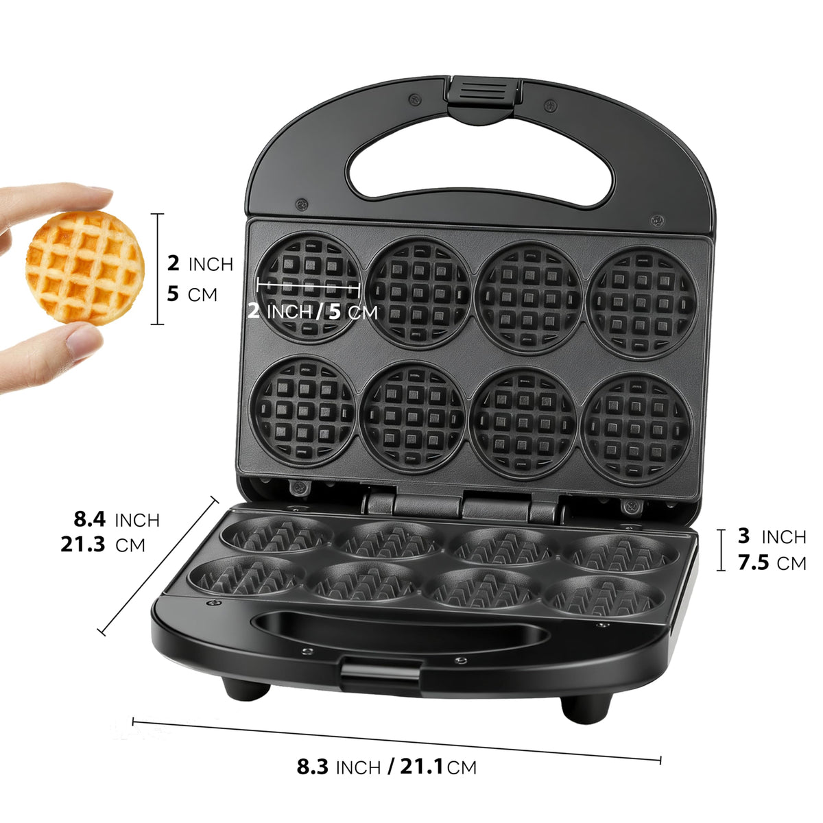 FineMade Mini Waffle Maker served on a plate for family treats.