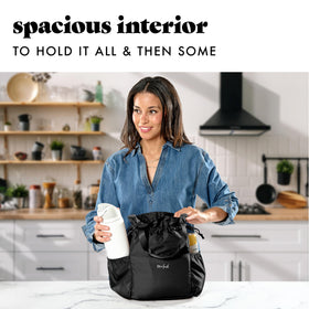 Cinch closure on Cromwell bag for quick access and secure contents