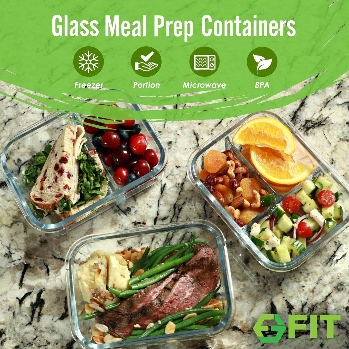 FIT Strong & Healthy 2-compartment glass container keeps protein and sides neatly separated.