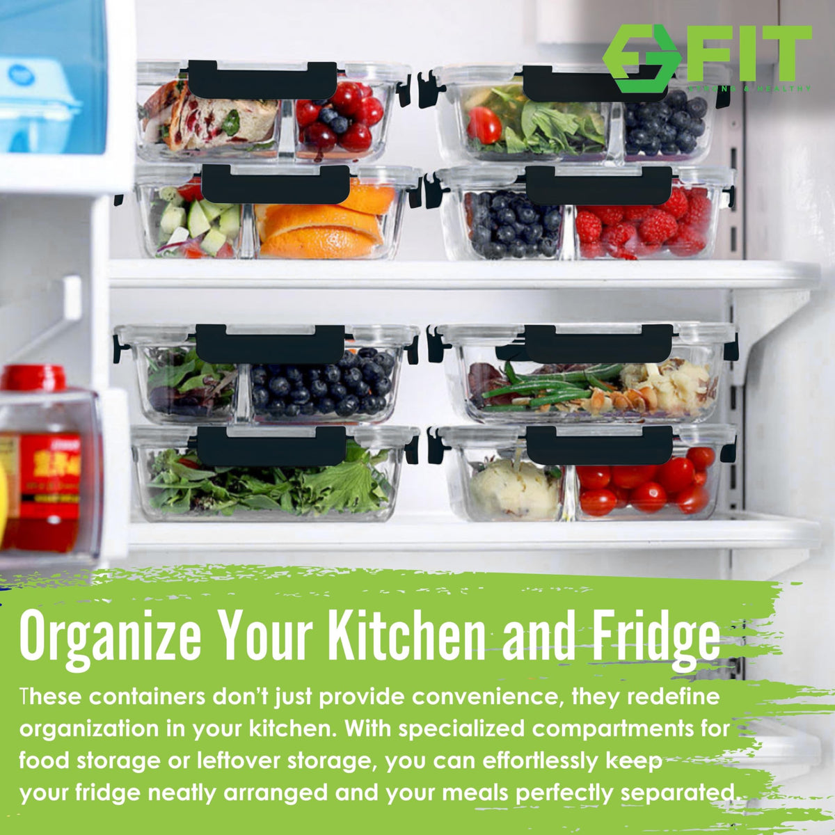 FIT Strong & Healthy 3-compartment glass container ideal for organized meals.