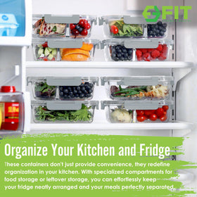 FIT Strong & Healthy glass lunch box showing clear compartments for meal planning.
