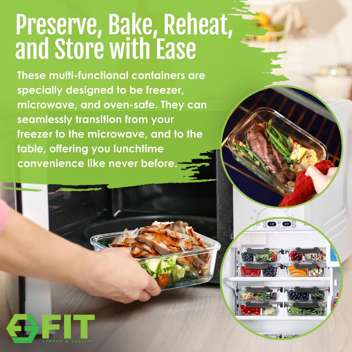FIT Strong & Healthy oven-safe borosilicate glass containers go from freezer to oven
