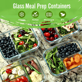 FIT Strong & Healthy three-compartment glass container organized for lunch.