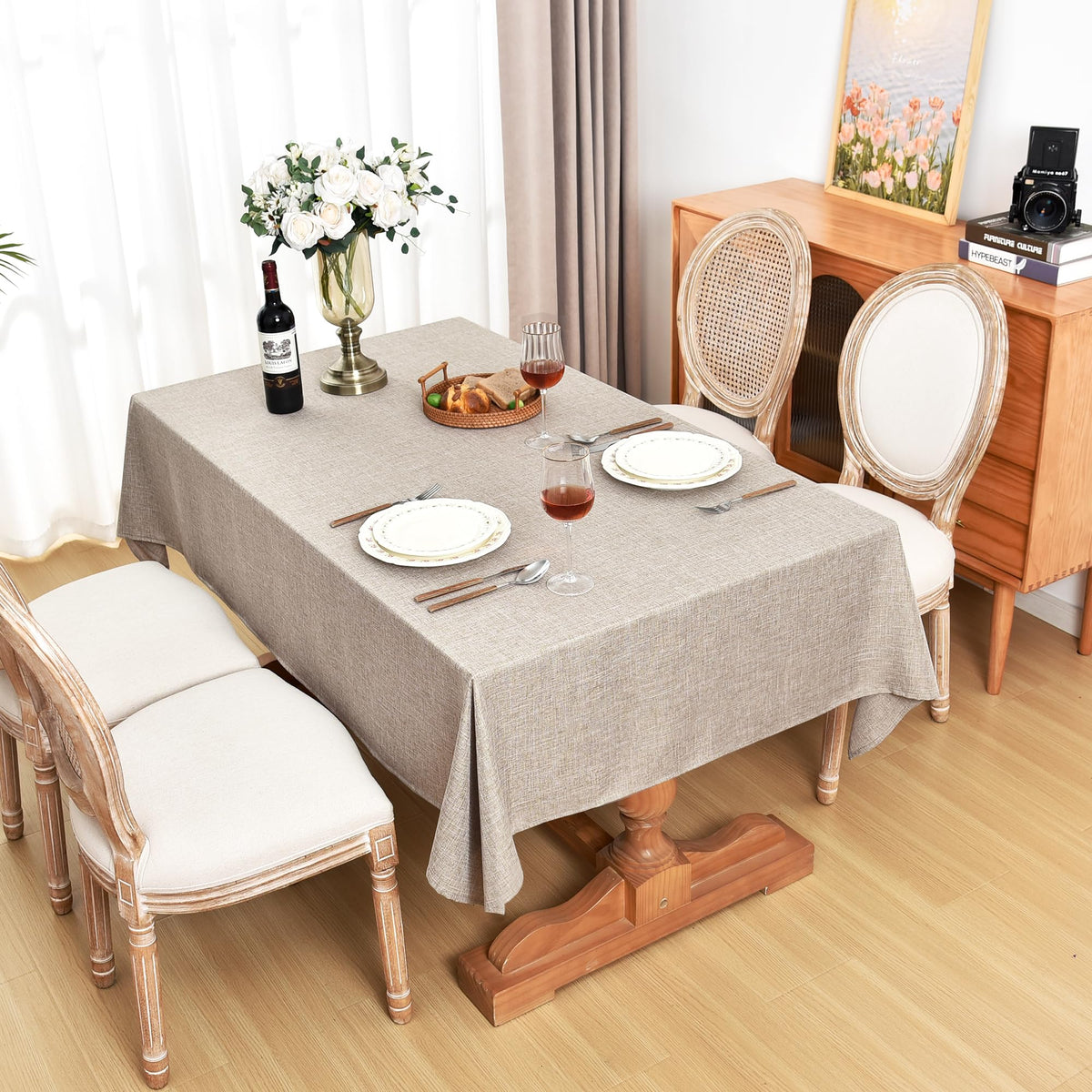 Fitable faux linen tablecloth kitchen patio scenario demonstrates easy care.