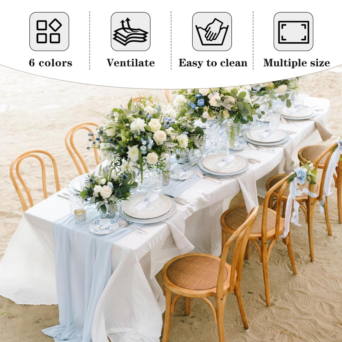 Fitable tablecloth draped over banquet table creates polished ambience.