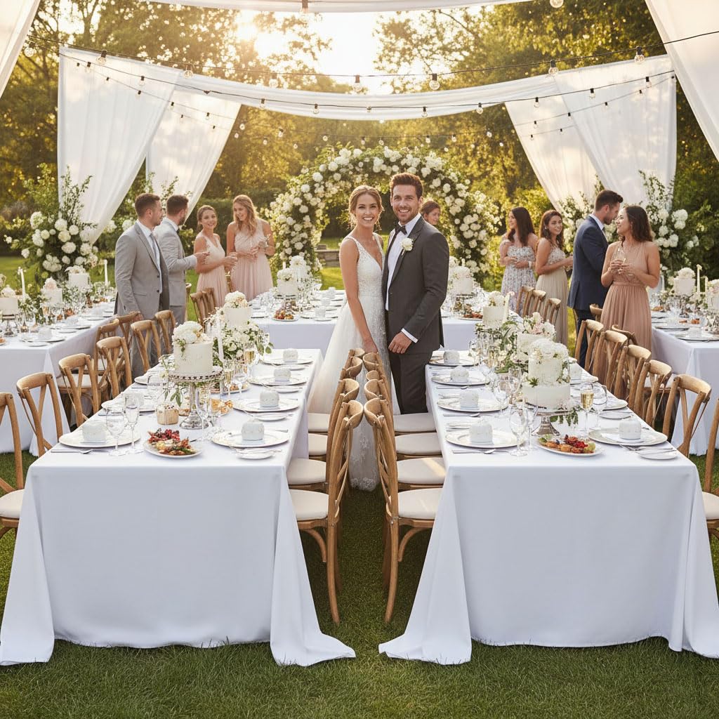 Fitable white rectangle table cloth draped on table for a refined look