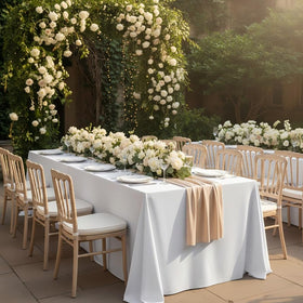 Fitable white rectangle tablecloth flat lay shows versatile dining setup.
