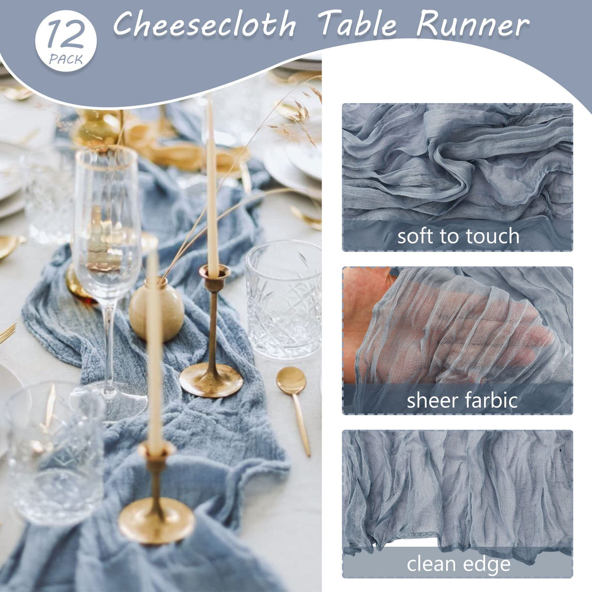 Fivenl dusty blue cheesecloth fabric showcases soft texture for romantic events.