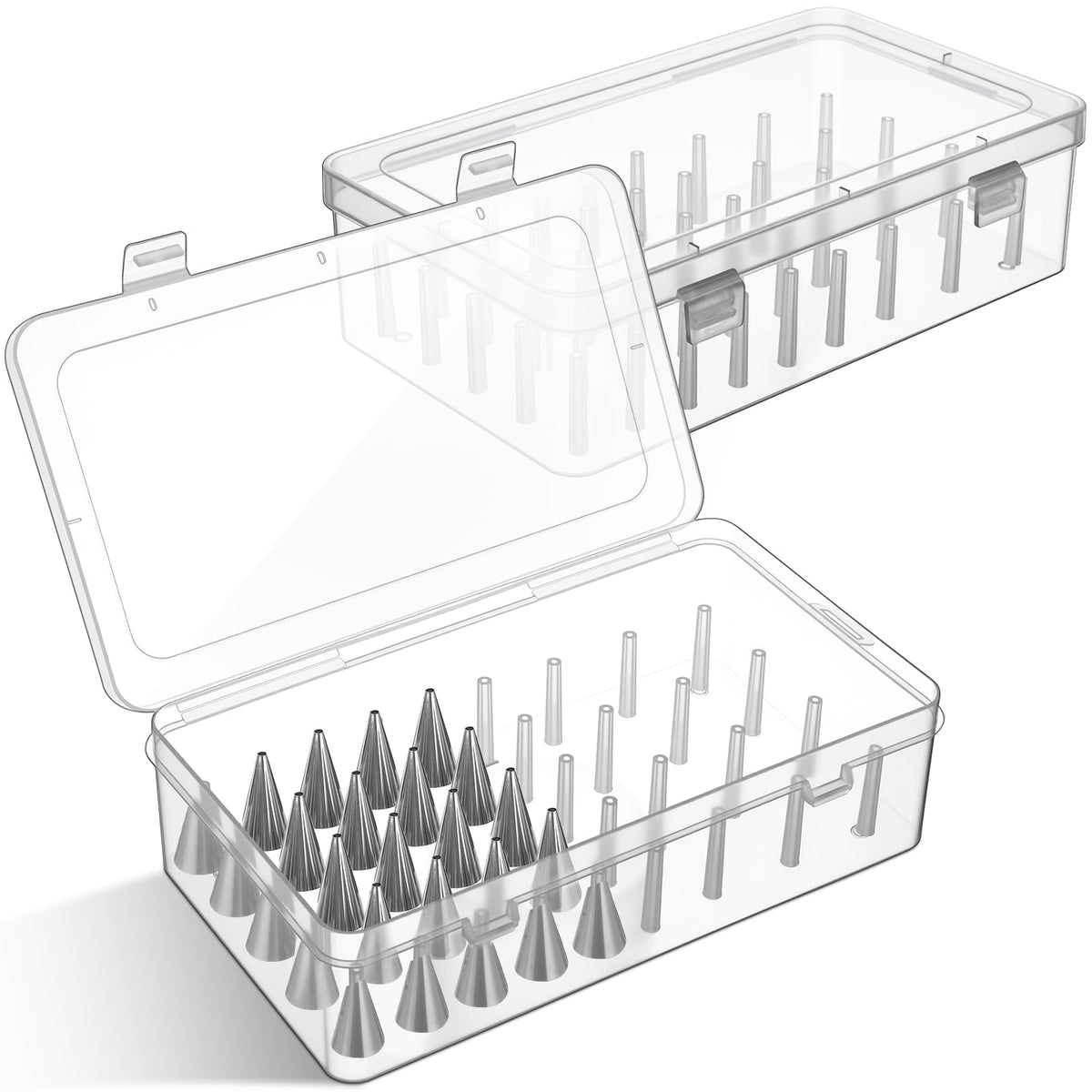 Fiwochic piping tip box with fixed pins inside view showing organized nozzles for quick access