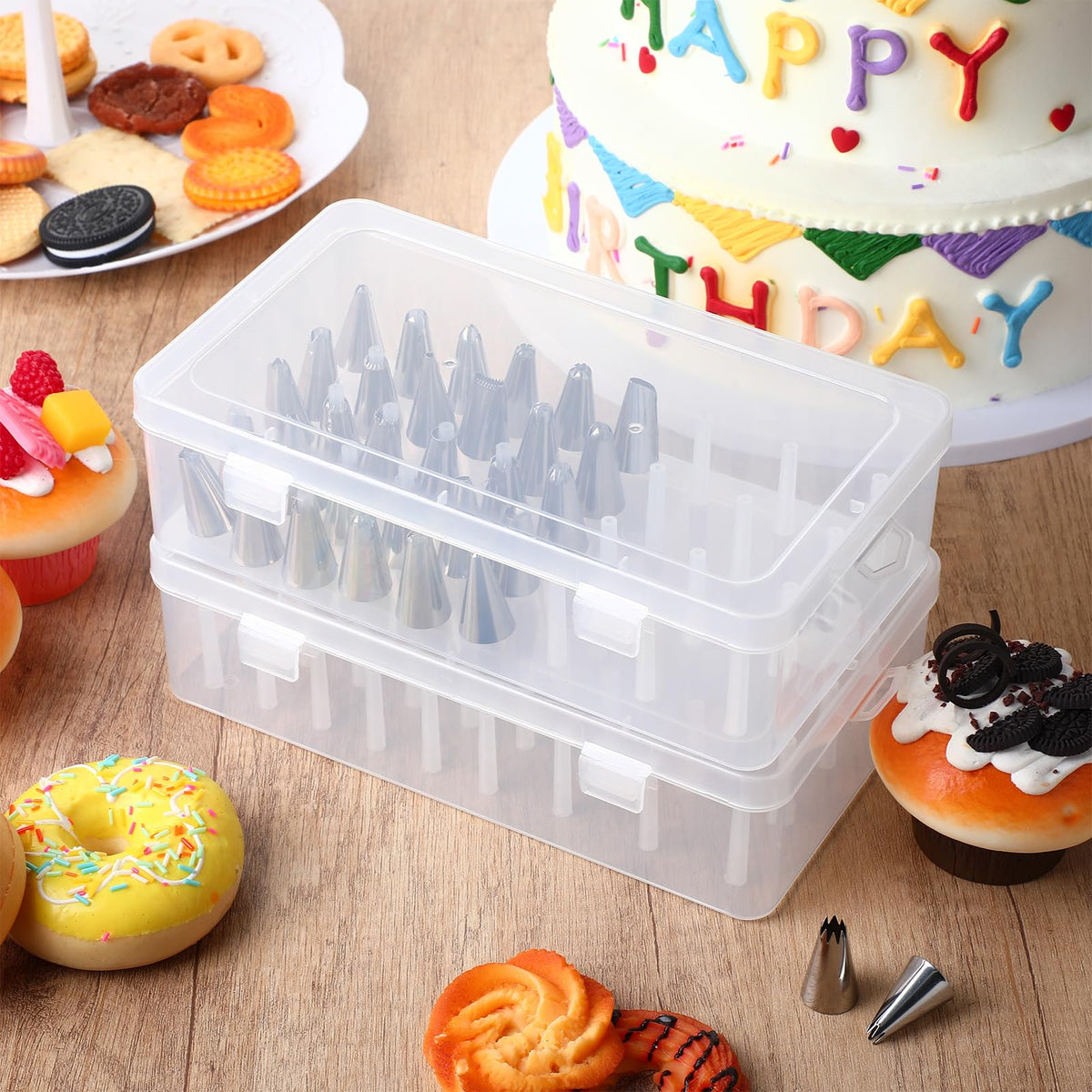 Fiwochic piping tip box stackable design demonstrates space saving organization on a counter