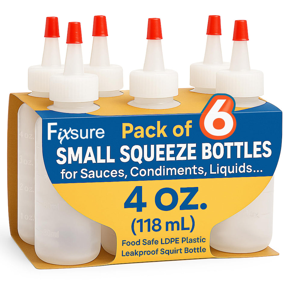 FIXSURE 4 oz squeeze bottle with red tip cap for sauces and dressings.
