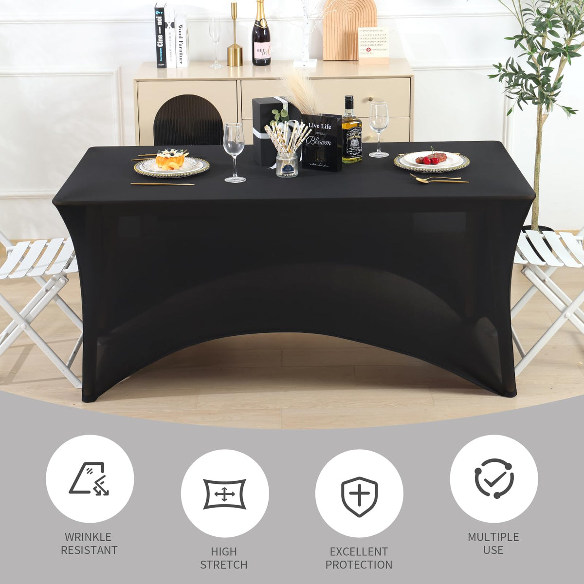 Fixwal machine-washable black table cover ready for reuse.