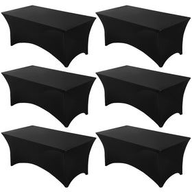 Fixwal 6-pack black spandex table covers packaged for easy transport and setup.