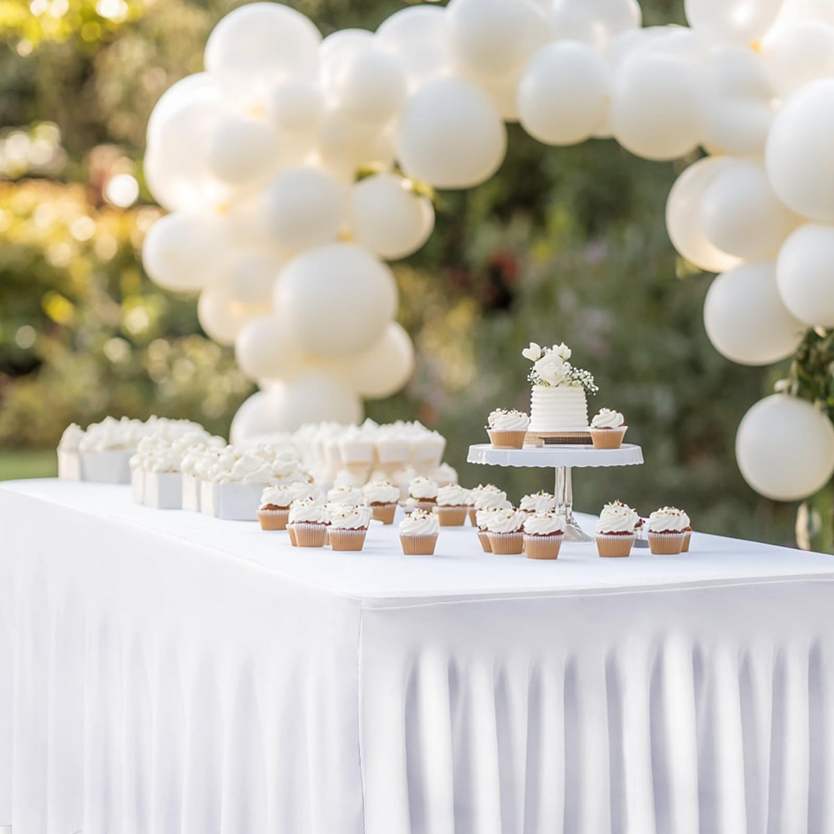 Fixwal white spandex tablecloth complements Christmas party decor with effortless coverage.