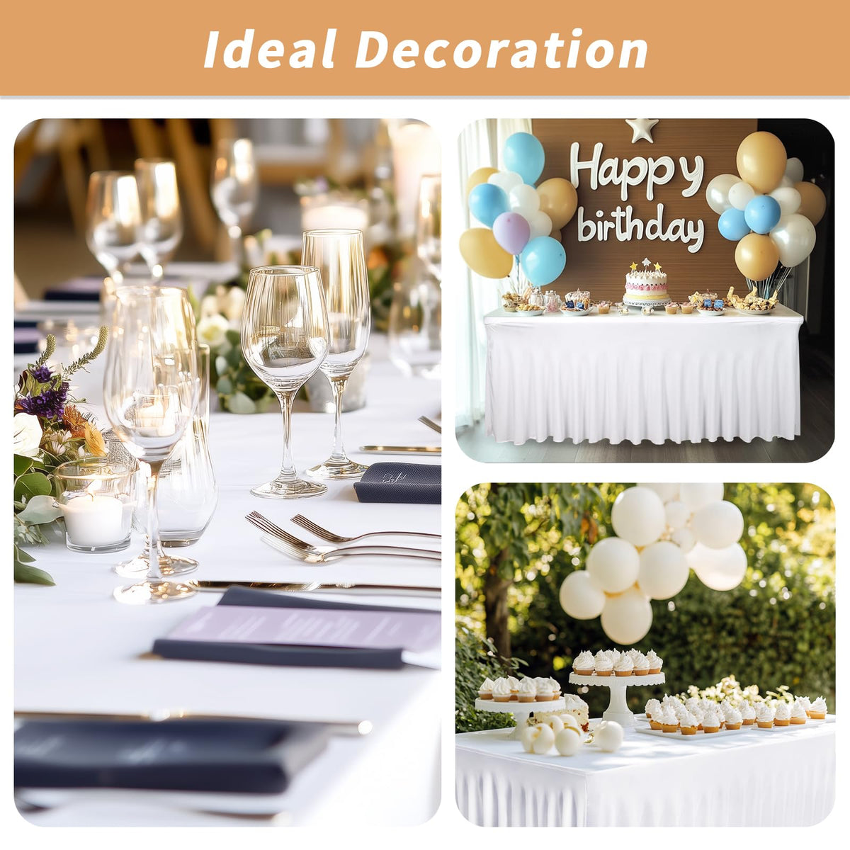 Fixwal white spandex tablecloth protects the table while showcasing desserts and cocktails.