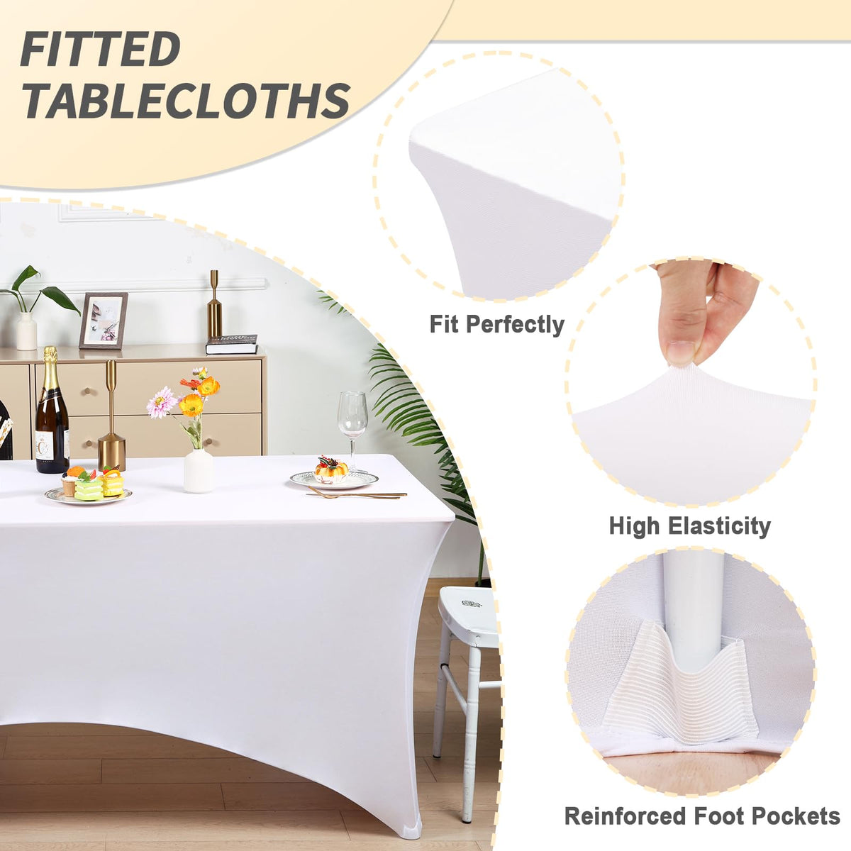 Fixwal spandex-fitted tablecloth drapes tightly for a clean, professional presentation