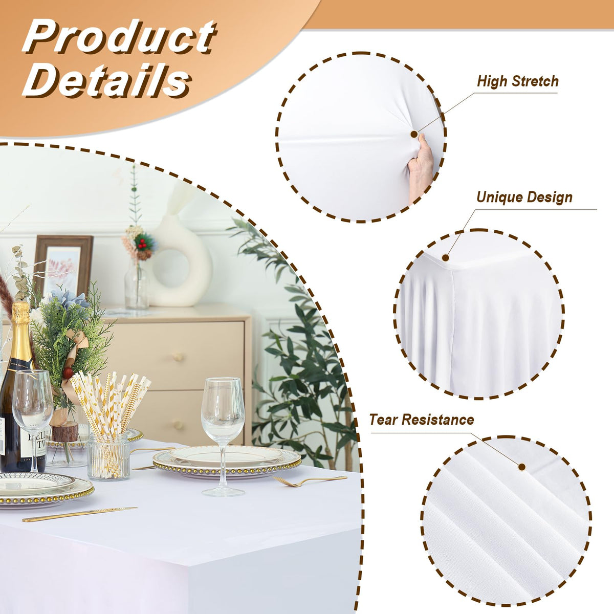 Fixwal white spandex tablecloth on folding-table setup saves time and creates neat lines.