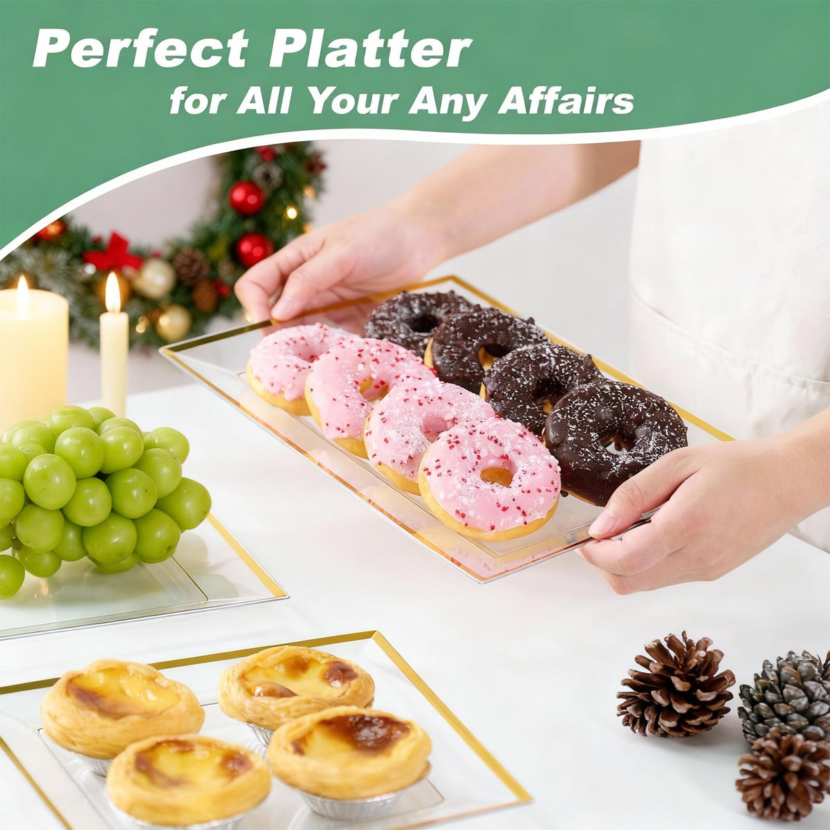 FOCUSLINE wedding-clear trays with gold rims elevate table decor.