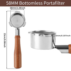 FogKay wooden-handle bottomless portafilter provides comfortable grip during manual espresso pulling.