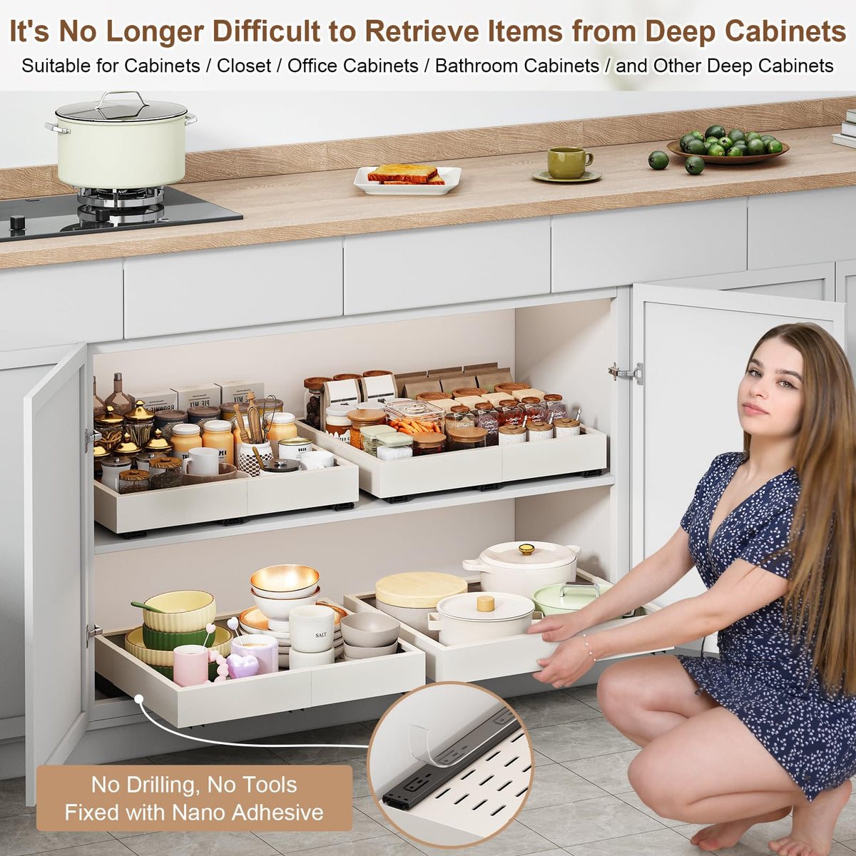 Adjustable length and width fit various cabinet sizes.