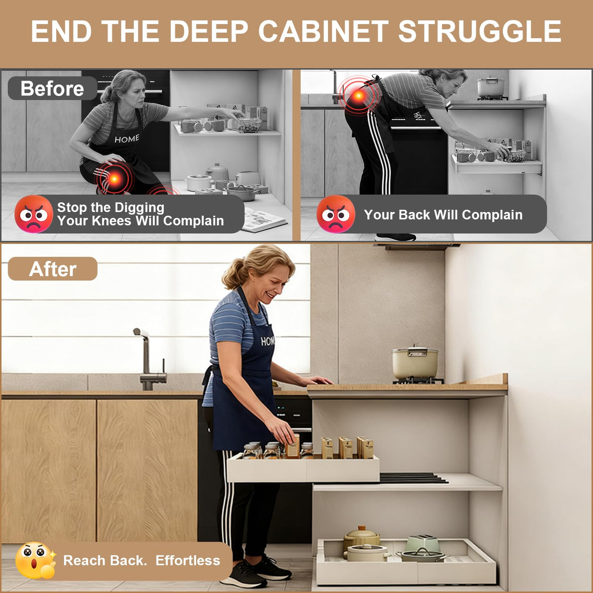 Fokyfok no-lip cabinet compatibility improves deep storage access.