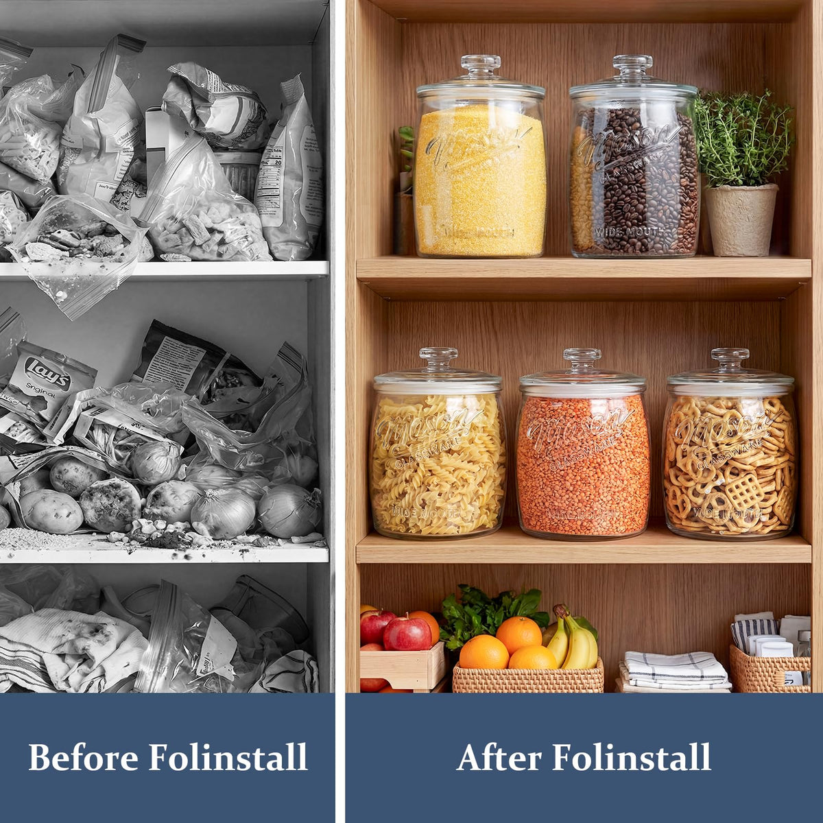 Folinstall kitchen-countertop pantry display for tidy storage and easy access.