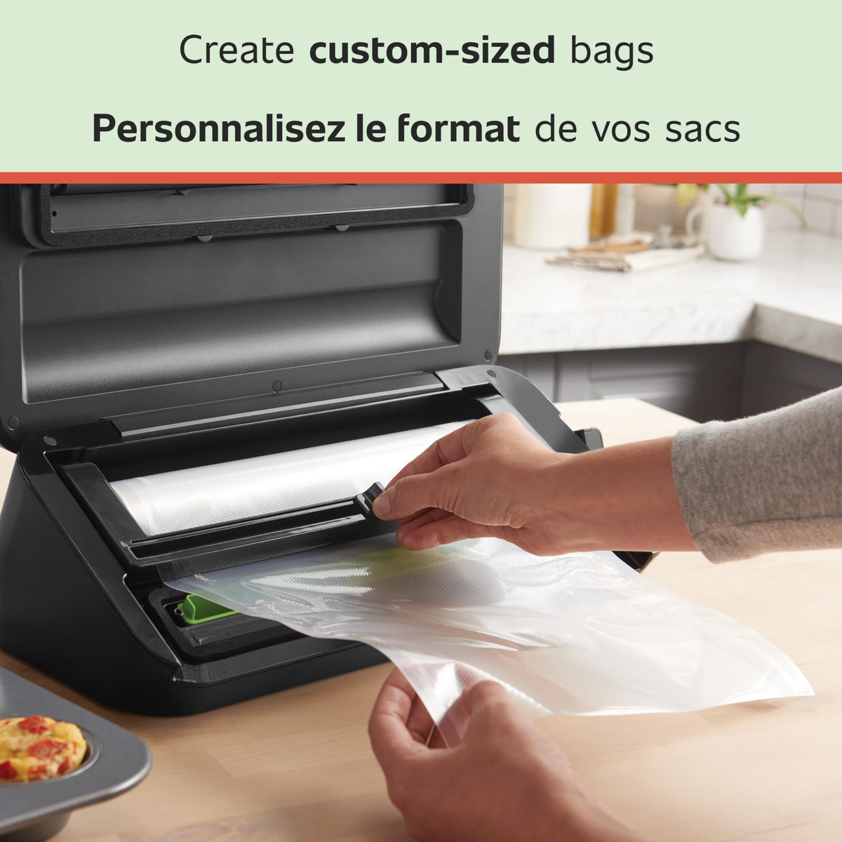 FoodSaver rolls enabling creation of custom-sized bags for odd-shaped foods.