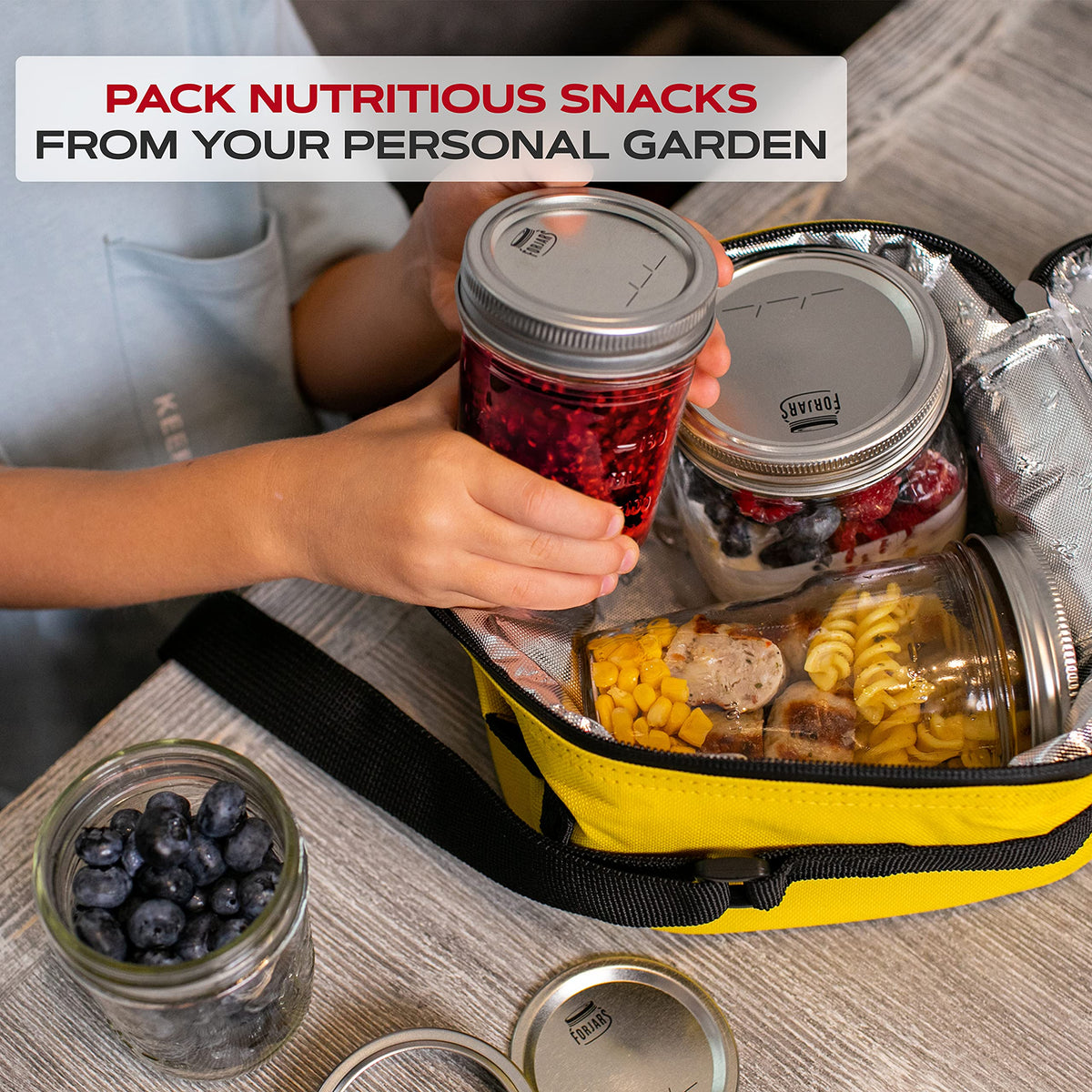 FORJARS branding shot emphasizes canner-designed lids for reliable sealing.