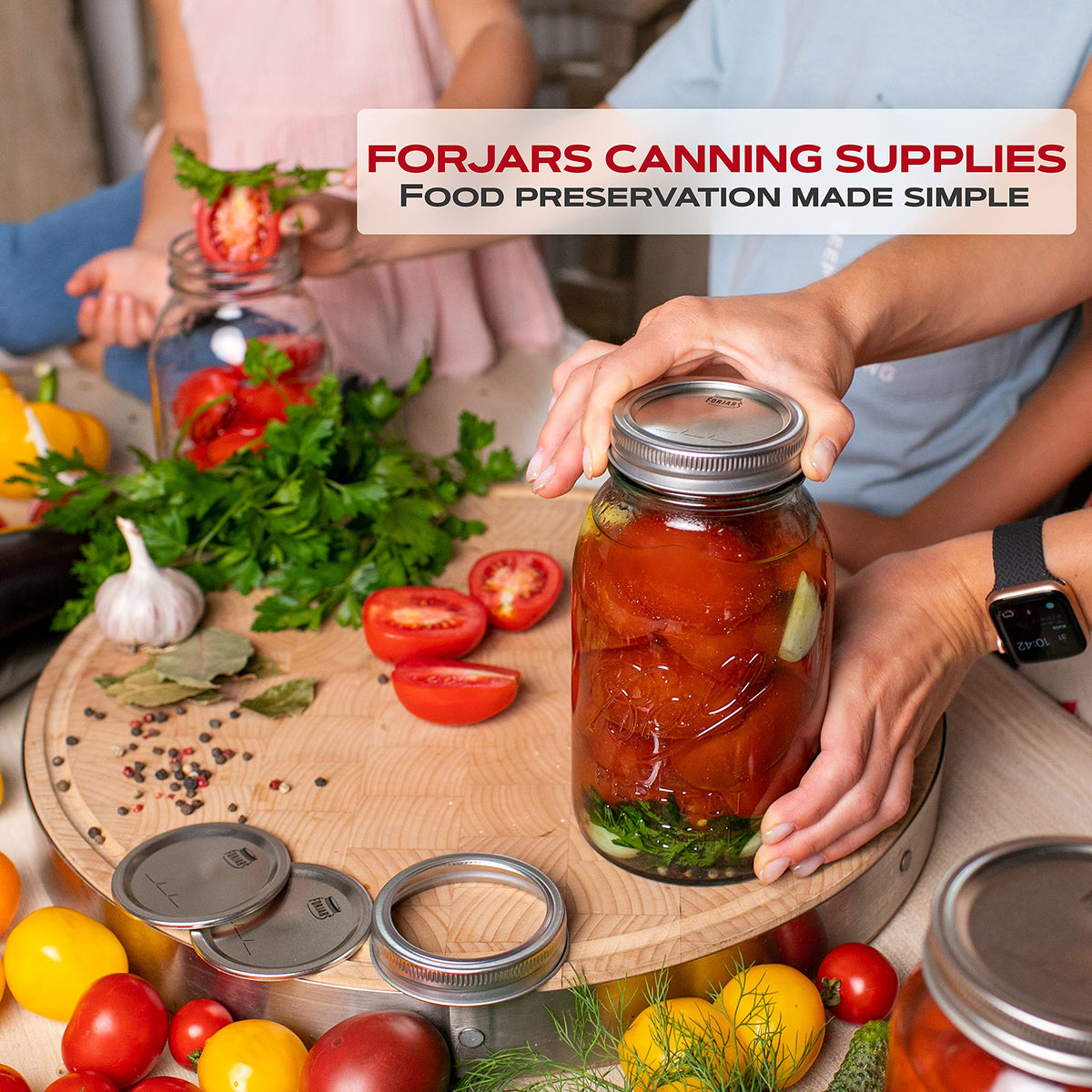 FORJARS stainless steel lid closeup highlights rustproof construction for long-lasting canning.