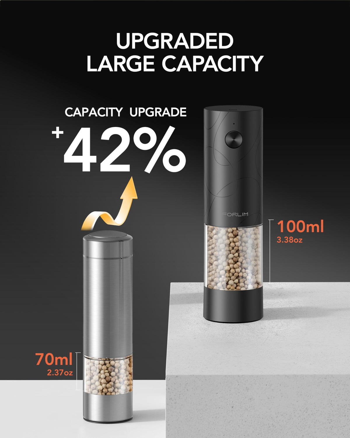 FORLIM grinder with adjustable coarseness for fine to coarse seasoning.