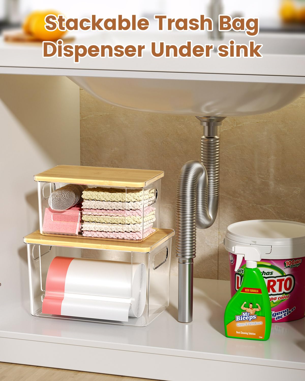 Foroyalife Trash Bag Dispenser 2-Pack crossbar access for easy bag retrieval.