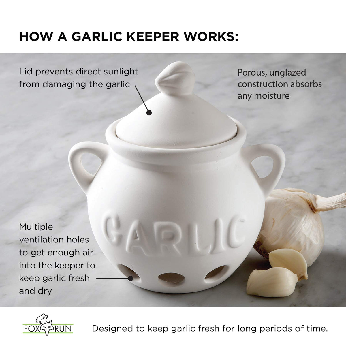 Fox Run Garlic Keeper with vent holes promotes airflow for cooler storage